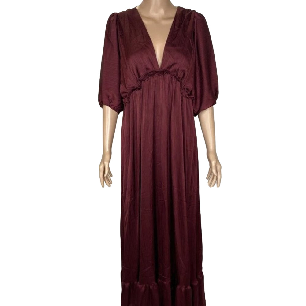 NEW RHEA & THEA Soloni Silky Midi Dress – Size L – Burgundy – Puff Sleeves